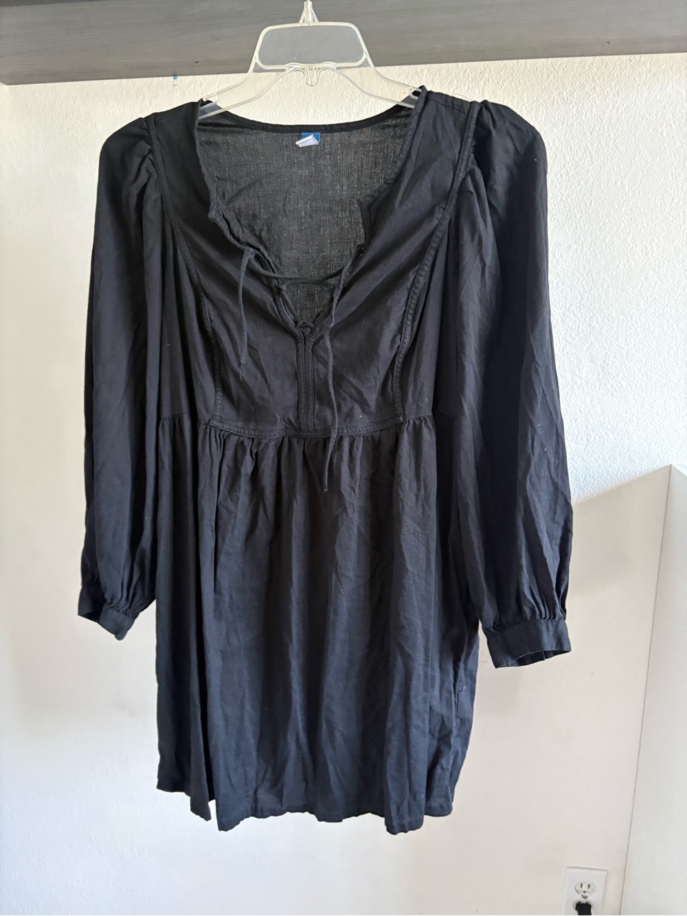 Old Navy Bishop Sleeve Black Mini Dress with V-Neck and Tie